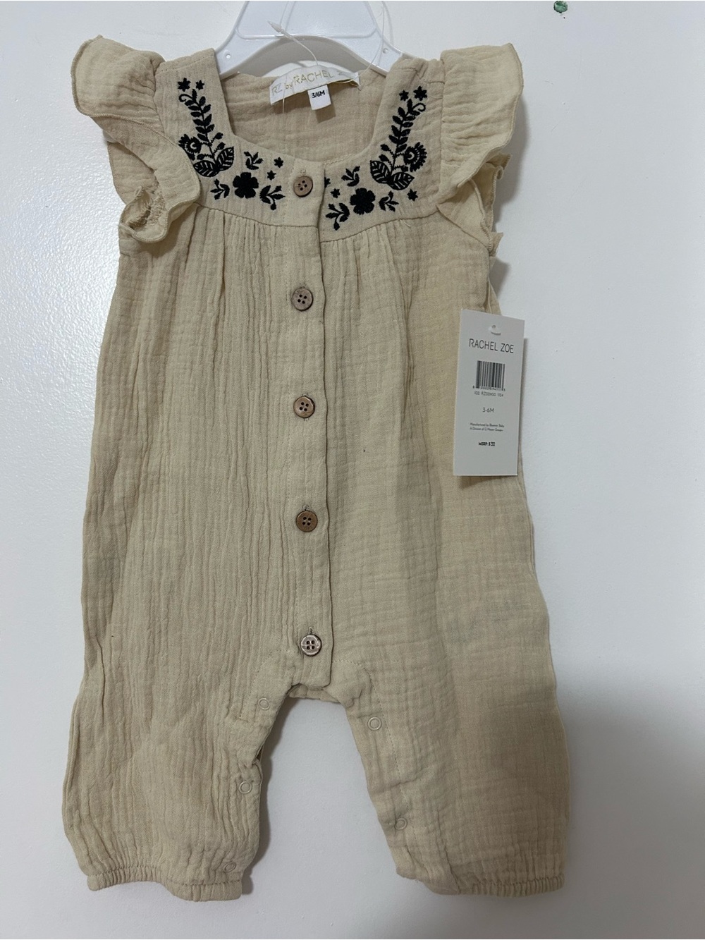 Rachel Zoe Cream Gauze Romper with Black Floral Embroidery